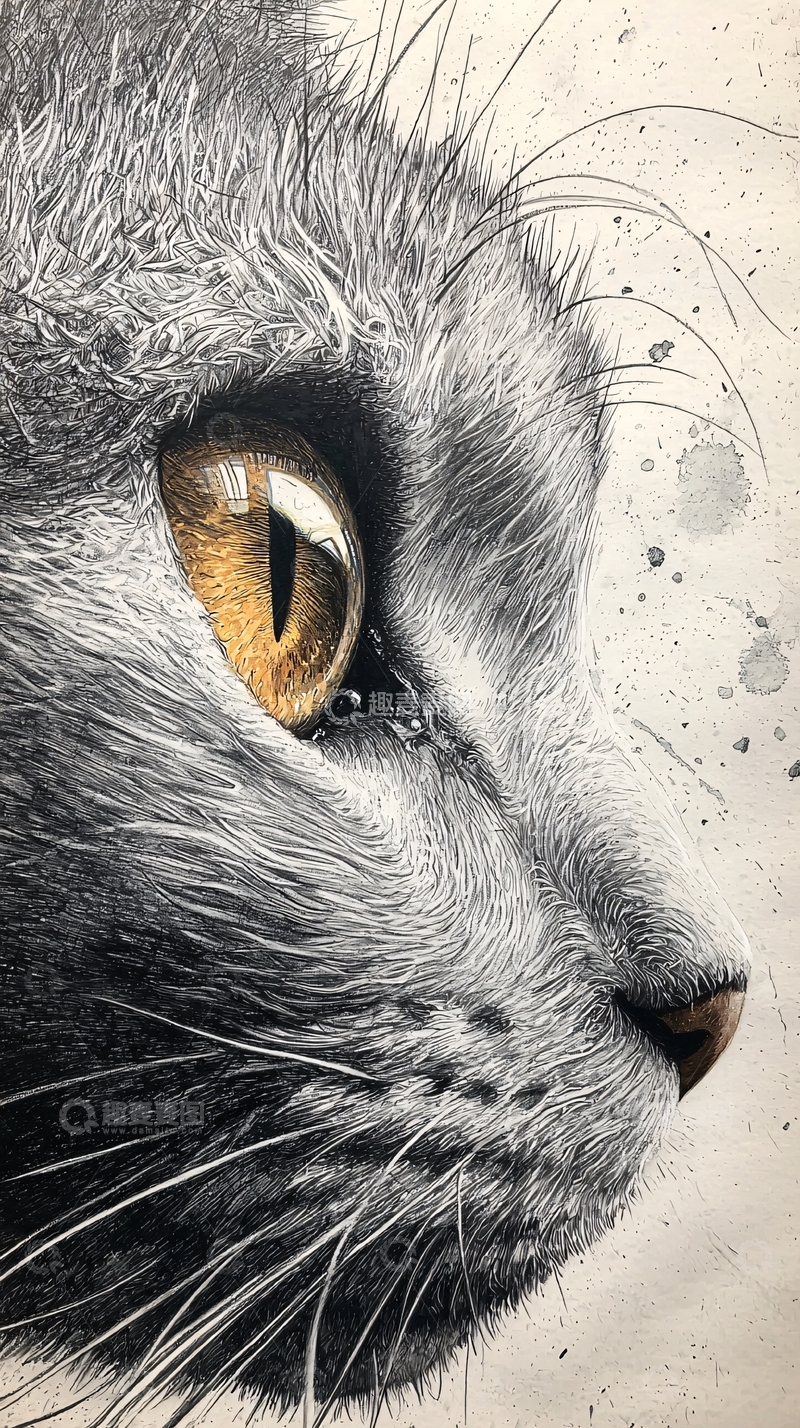 高清大图下载【趣麦麦图】灰蓝眼睛猫咪侧脸写实素描