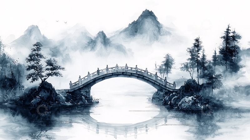 高清大图下载【趣麦麦图】水墨画山水桥