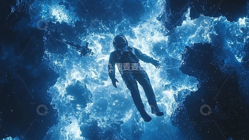 高清大图下载【趣麦麦图】宇航员漂浮在蓝色星云中