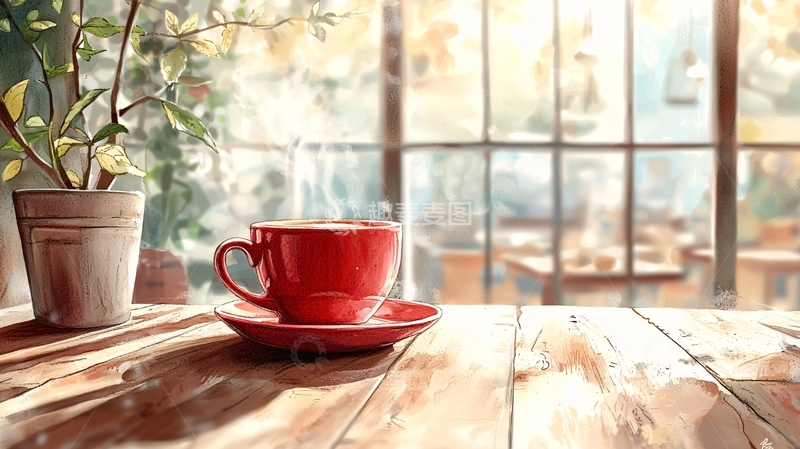 高清大图下载【趣麦麦图】红杯咖啡窗边阳光