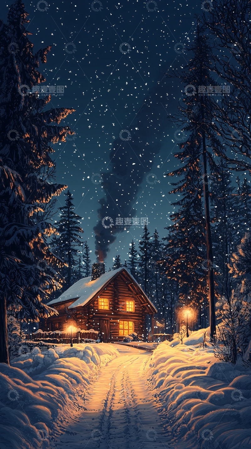 高清大图下载【趣麦麦图】雪夜森林小屋