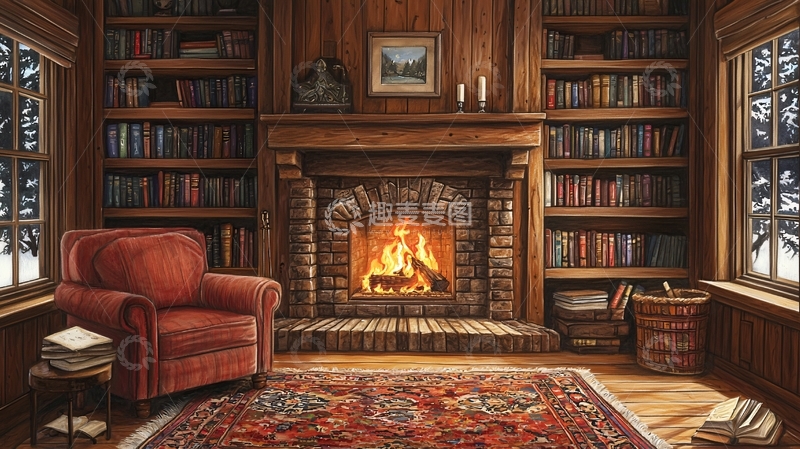 高清大图下载【趣麦麦图】冬日壁炉旁的温暖书房