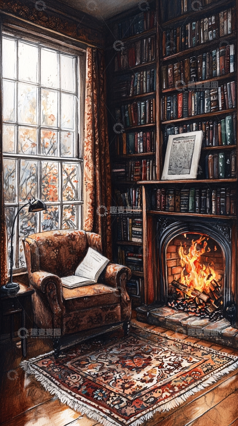 高清大图下载【趣麦麦图】温暖舒适的书房角落