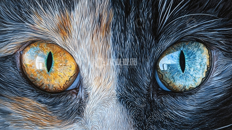 高清大图下载【趣麦麦图】异色瞳猫的特写
