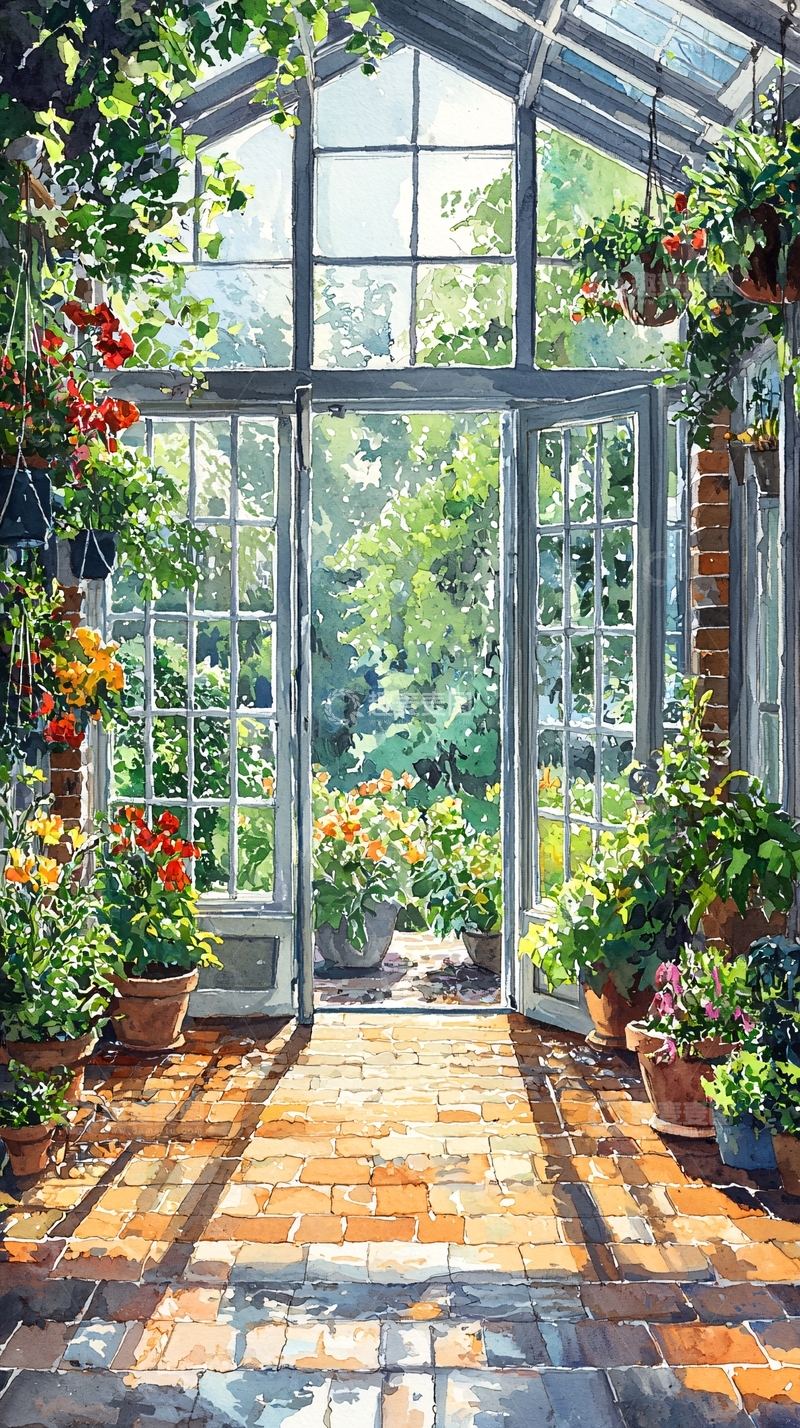 高清大图下载【趣麦麦图】阳光洒满玻璃花房