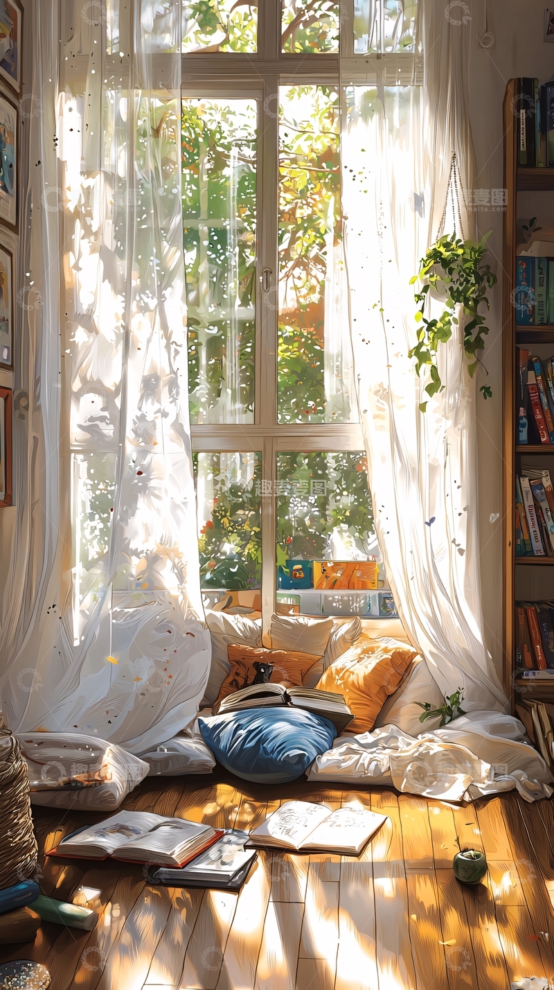 高清大图下载【趣麦麦图】阳光洒满窗台的阅读角落