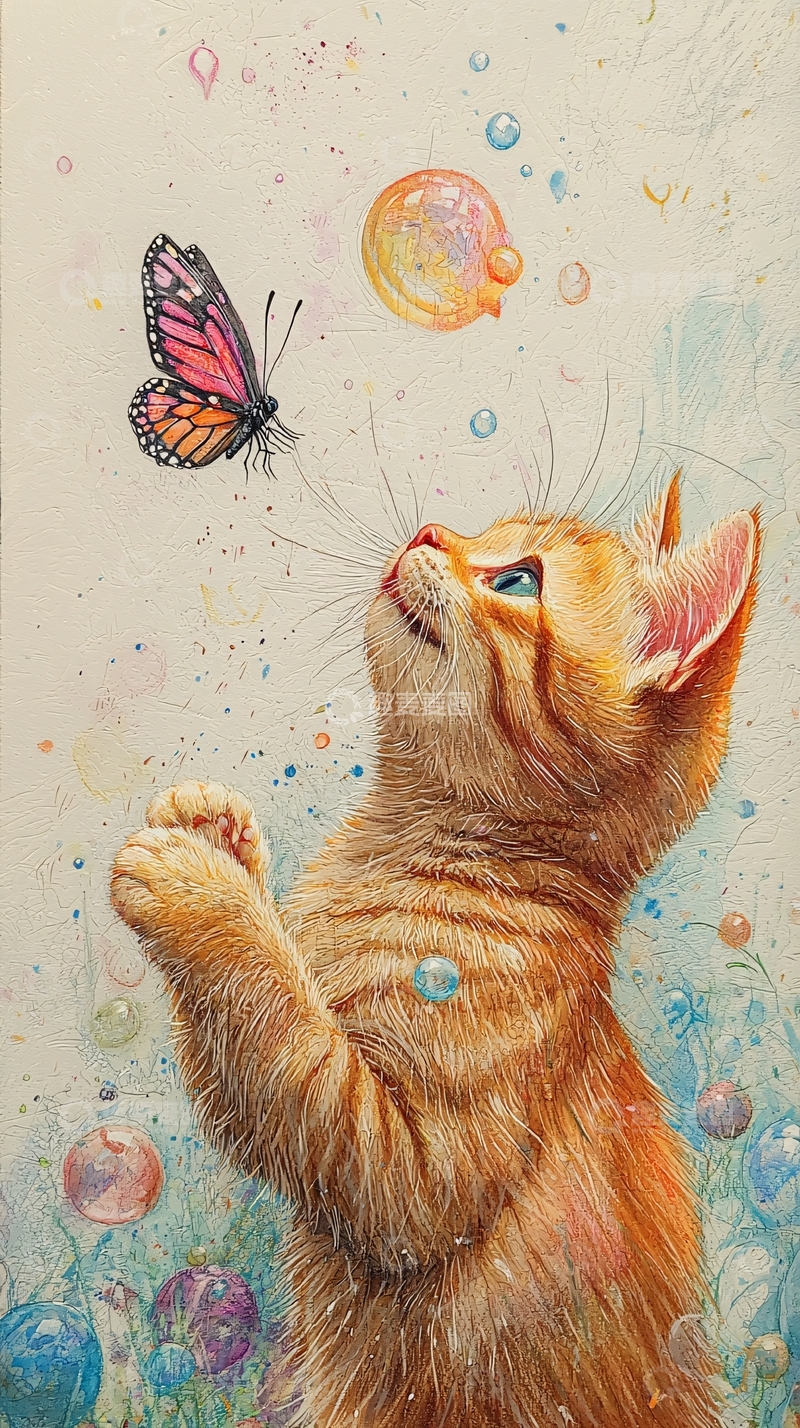 高清大图下载【趣麦麦图】小猫追逐蝴蝶和泡泡