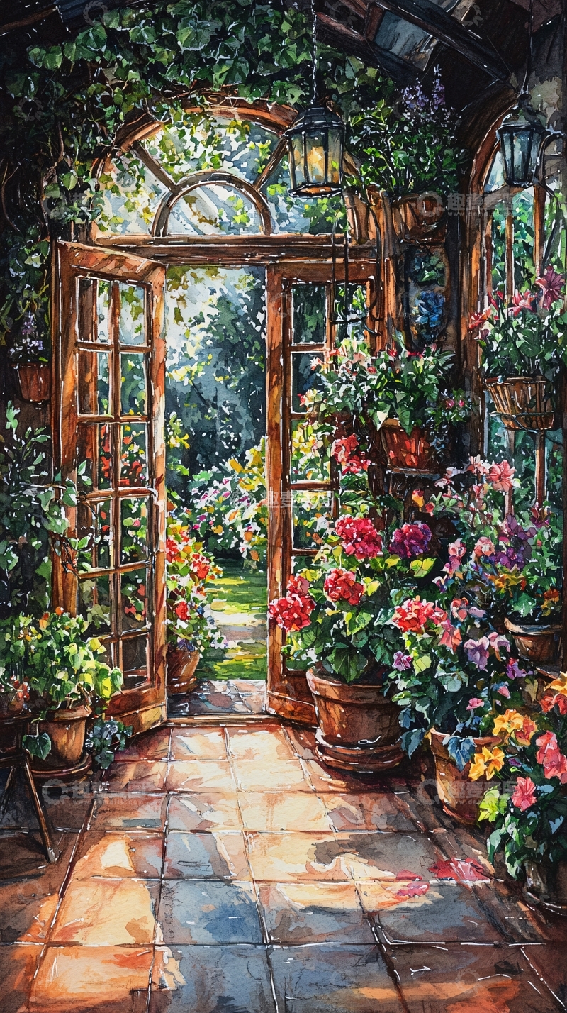 高清大图下载【趣麦麦图】阳光洒进花园凉亭