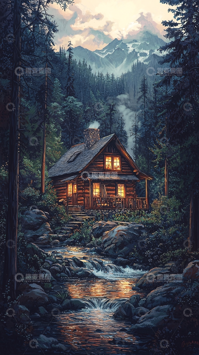 高清大图下载【趣麦麦图】山林小屋夜景