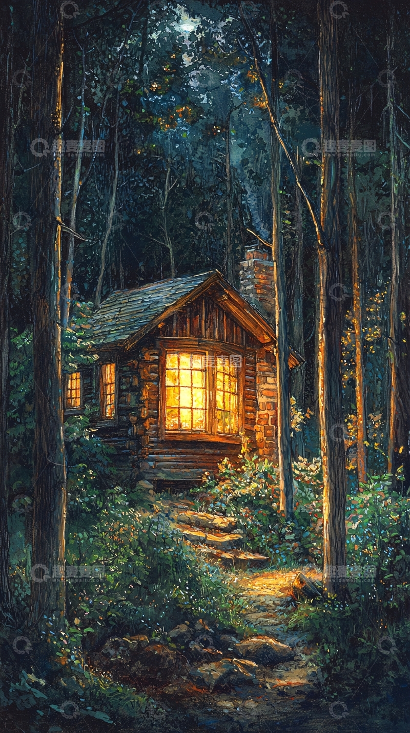高清大图下载【趣麦麦图】森林小屋夜晚灯光