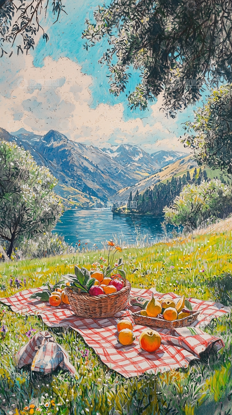 高清大图下载【趣麦麦图】山湖野餐风景画