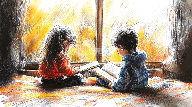 高清大图下载【趣麦麦图】窗边看书的两个小孩