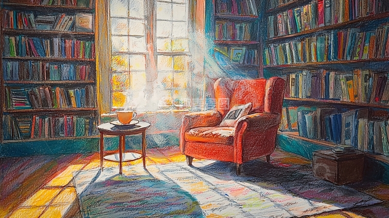 高清大图下载【趣麦麦图】阳光洒进书房的红椅子