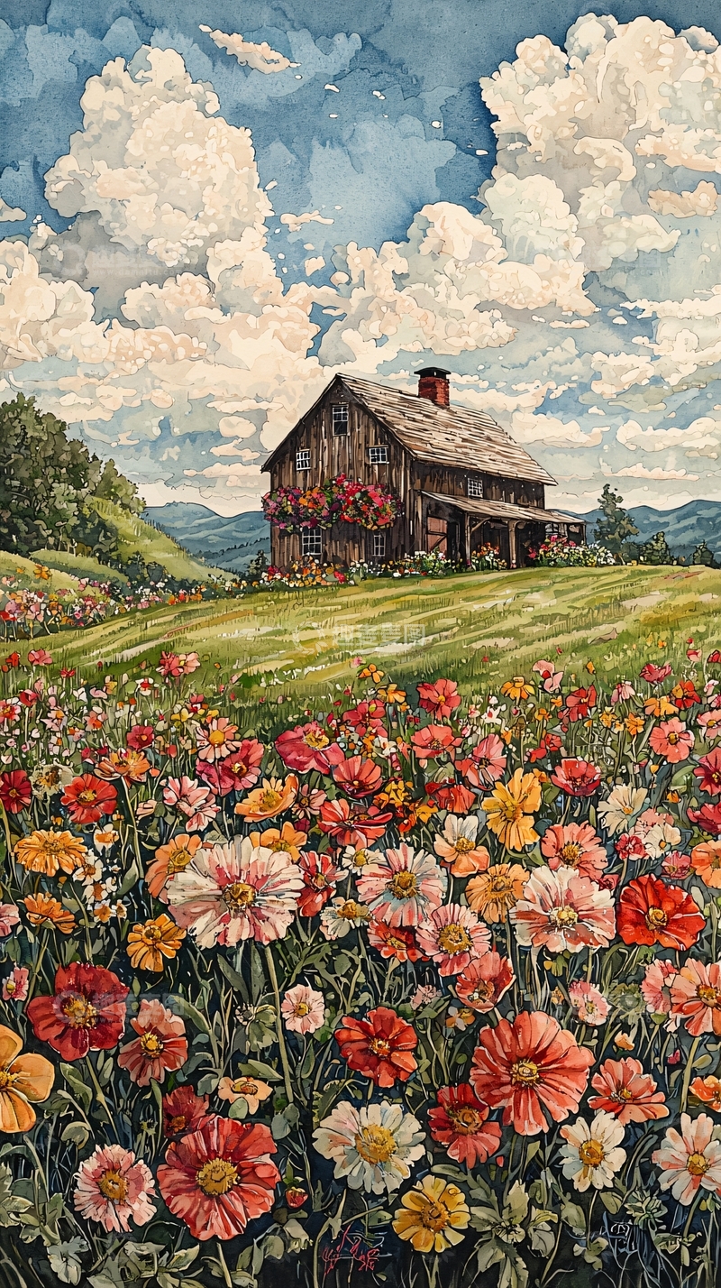高清大图下载【趣麦麦图】田园风光水彩画