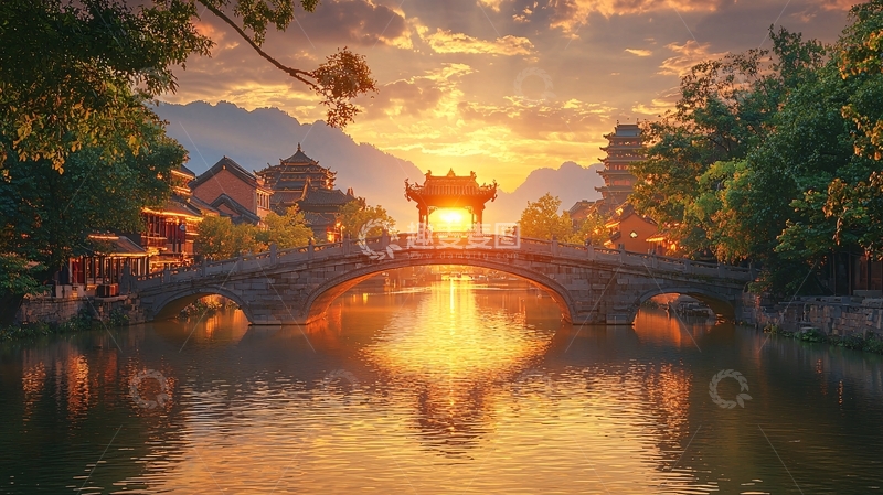 高清大图下载【趣麦麦图】夕阳西下古桥流水