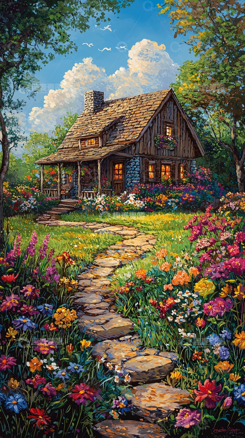 高清大图下载【趣麦麦图】乡间小屋鲜花小径