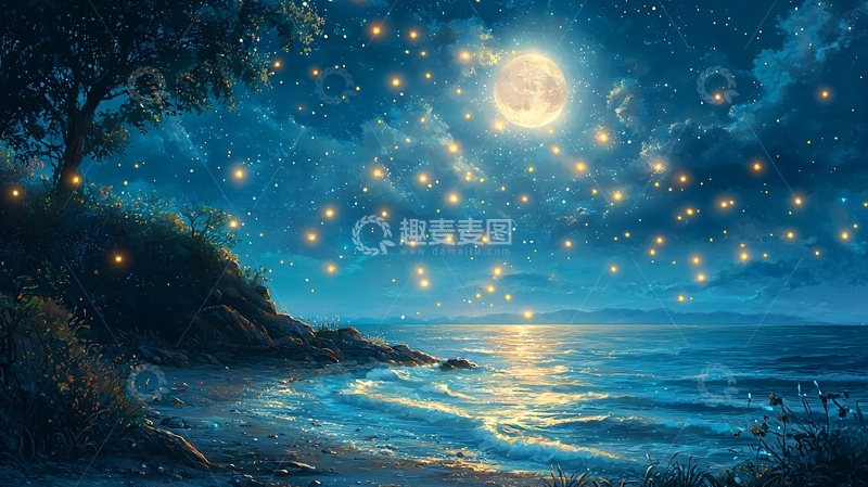 高清大图下载【趣麦麦图】梦幻萤火海边夜景