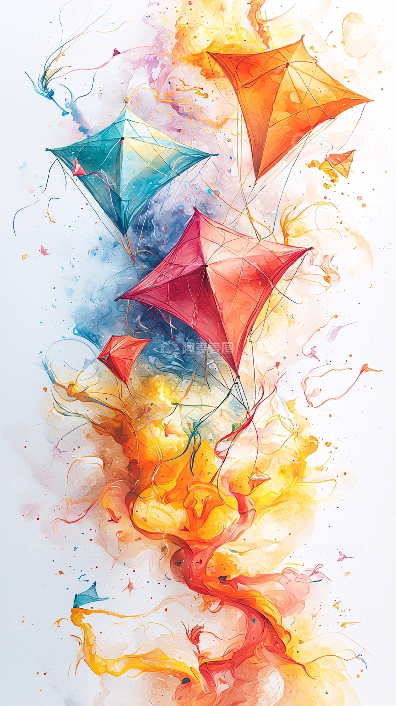 高清大图下载【趣麦麦图】彩色风筝水彩画