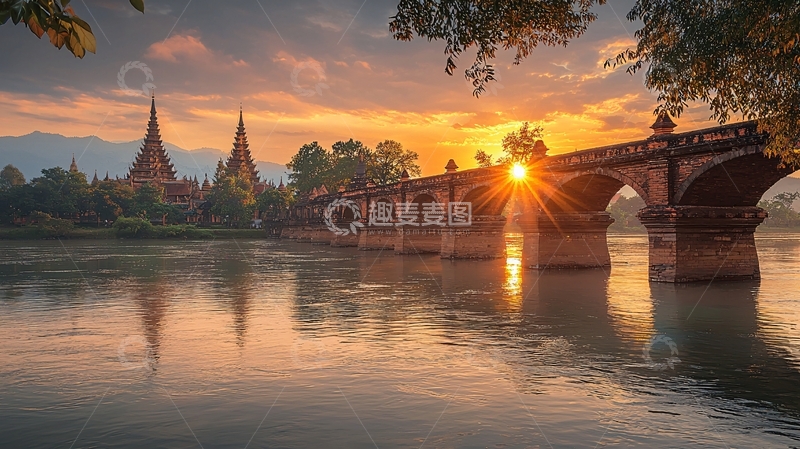 高清大图下载【趣麦麦图】日出时分古桥河流