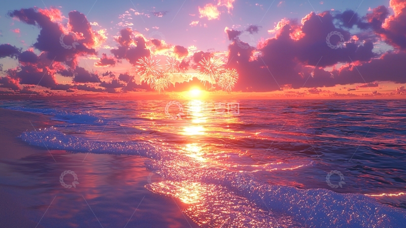 高清大图下载【趣麦麦图】梦幻粉色海滩日落