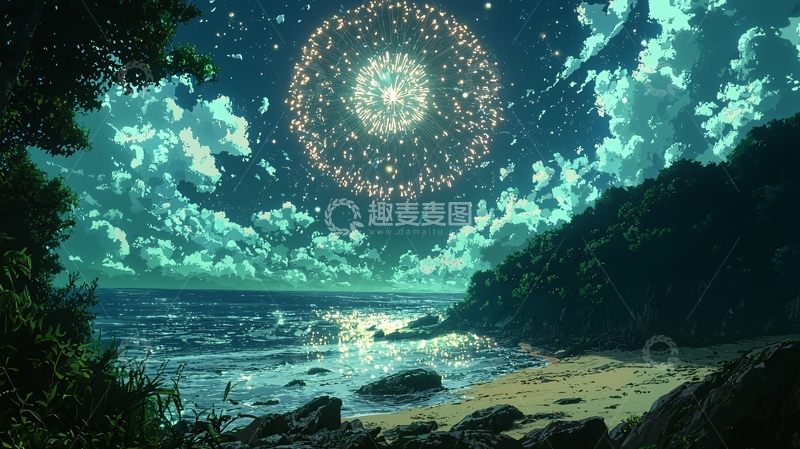 高清大图下载【趣麦麦图】夜空绽放烟花海边景色