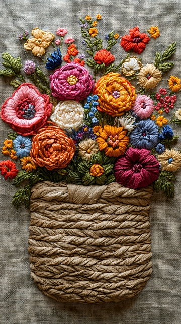 绣花篮子里的彩色花朵