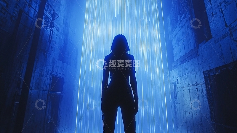 高清大图下载【趣麦麦图】蓝光背景下的女性剪影