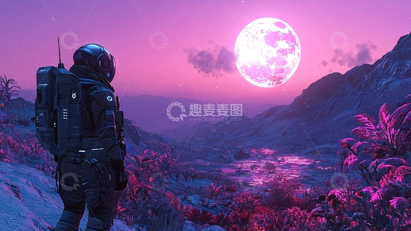 高清大图下载【趣麦麦图】宇航员眺望粉色星球