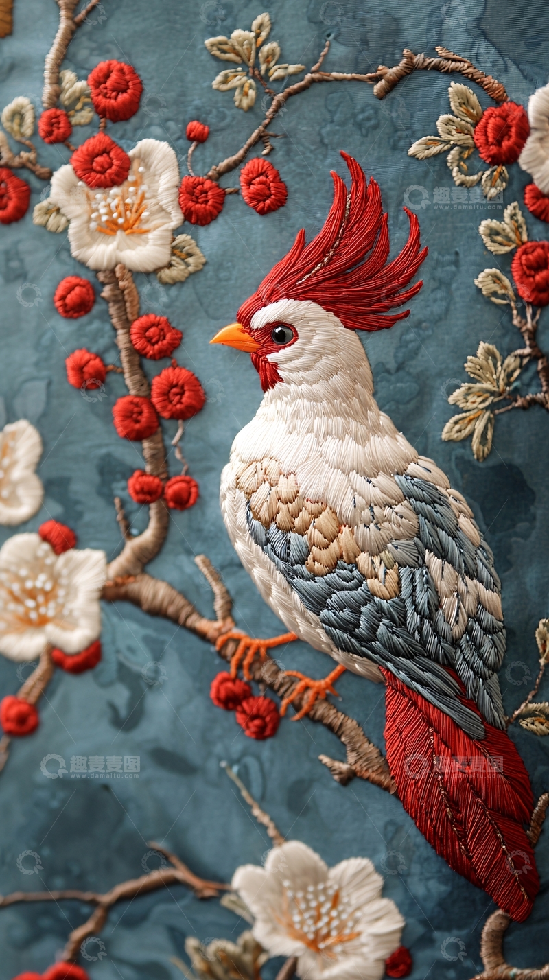 高清大图下载【趣麦麦图】精美刺绣红冠白鸟