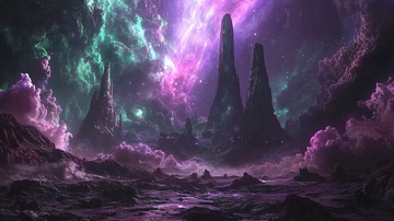 奇幻紫色极光下的岩石山峰