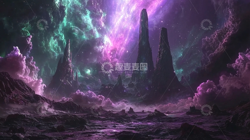 高清大图下载【趣麦麦图】奇幻紫色极光下的岩石山峰