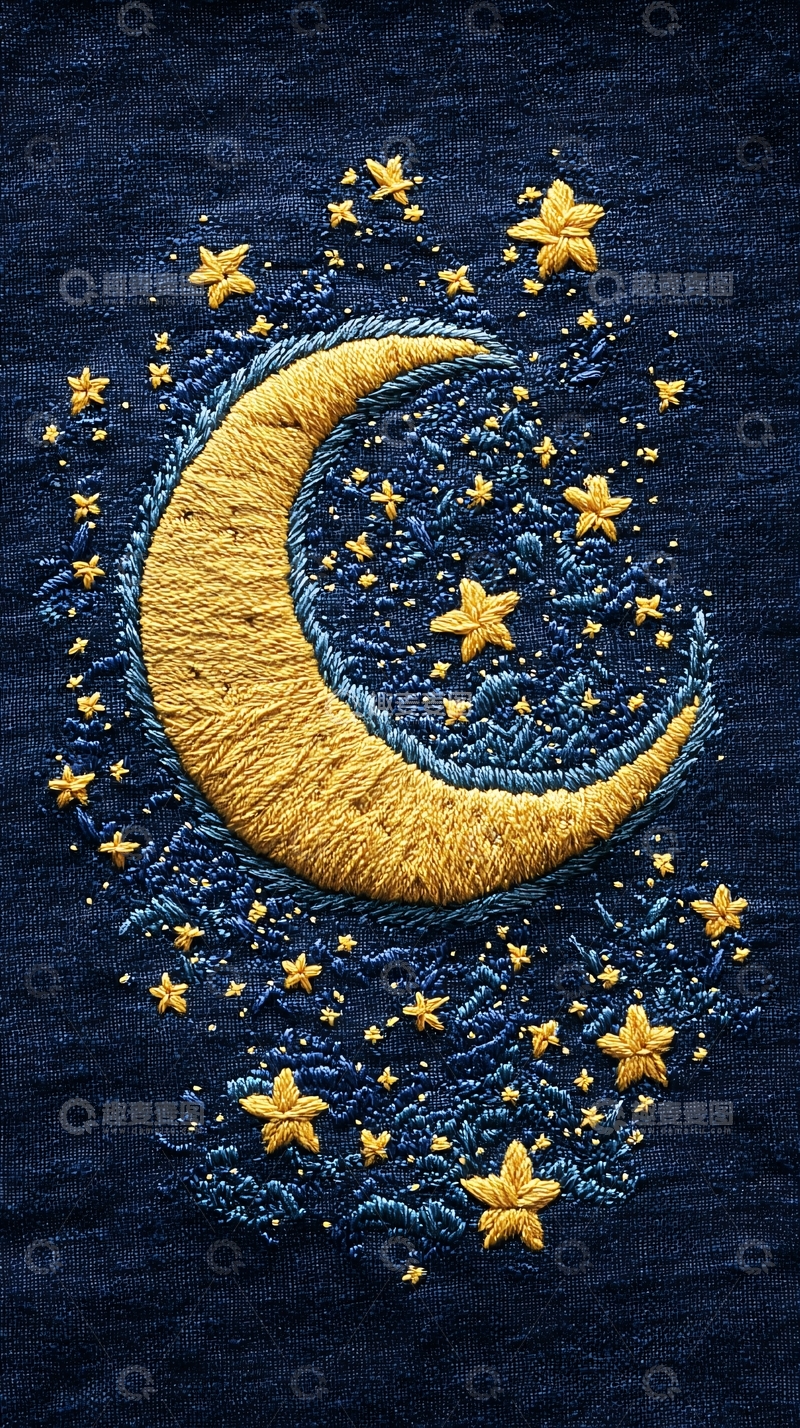 高清大图下载【趣麦麦图】蓝色星空刺绣月亮