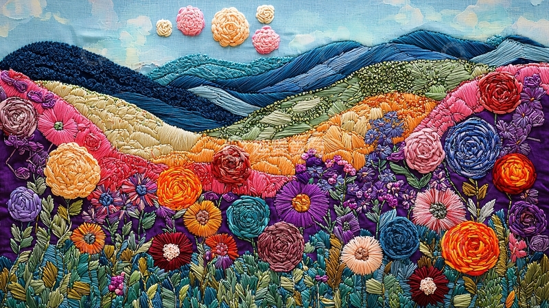 高清大图下载【趣麦麦图】彩色绣花山峦花田