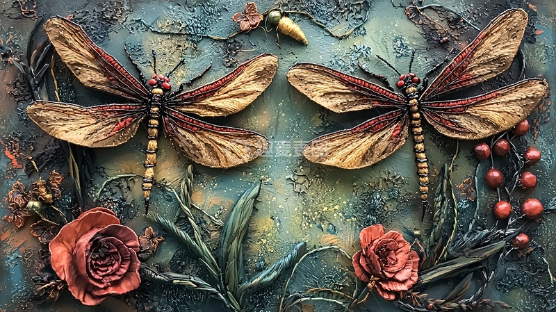高清大图下载【趣麦麦图】蜻蜓玫瑰浮雕画