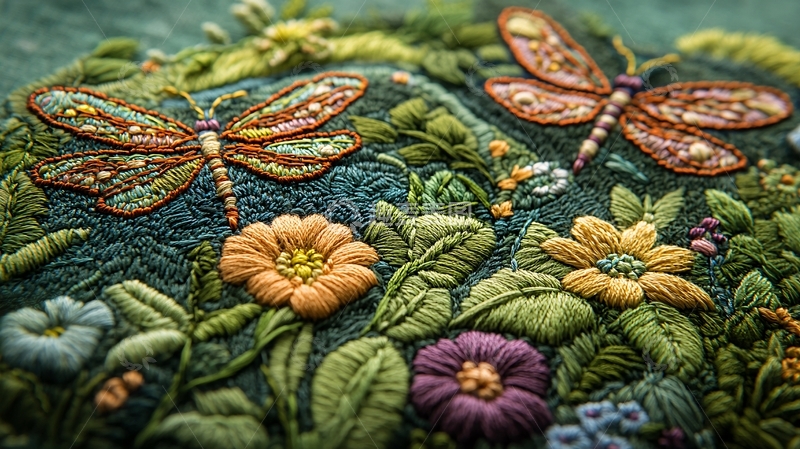 高清大图下载【趣麦麦图】精美刺绣蜻蜓花卉图案