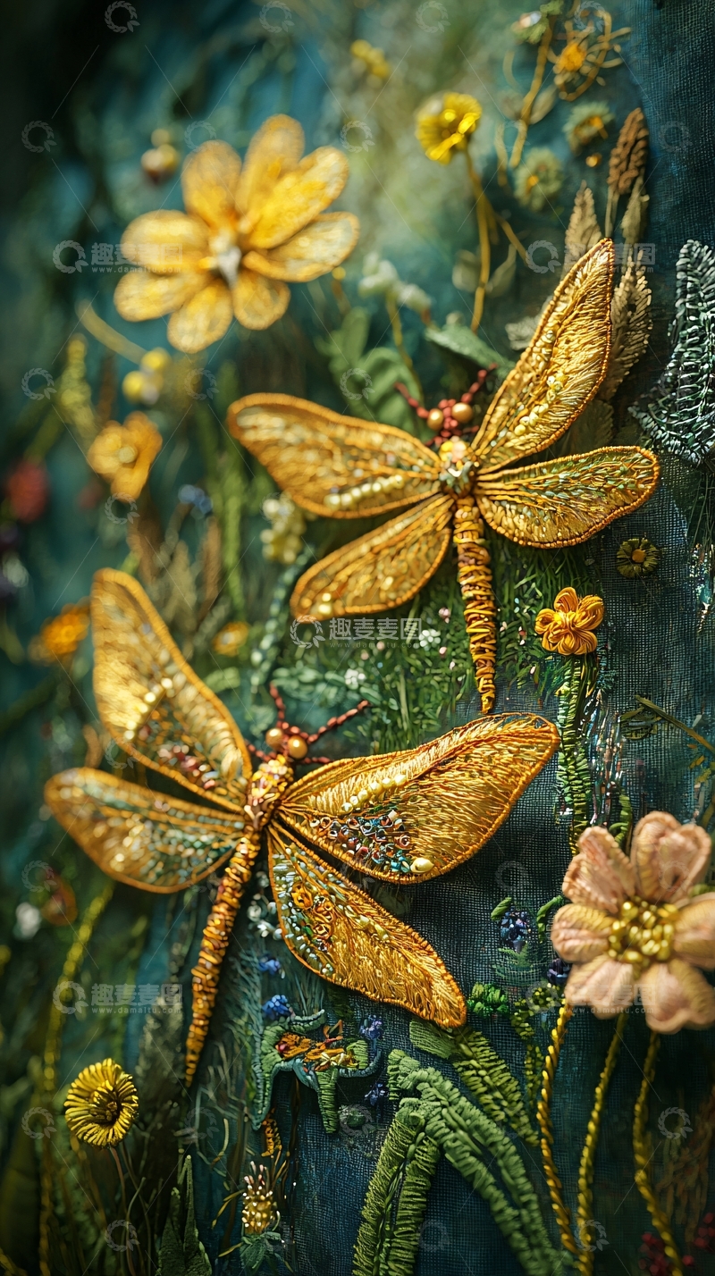 高清大图下载【趣麦麦图】金色蜻蜓刺绣