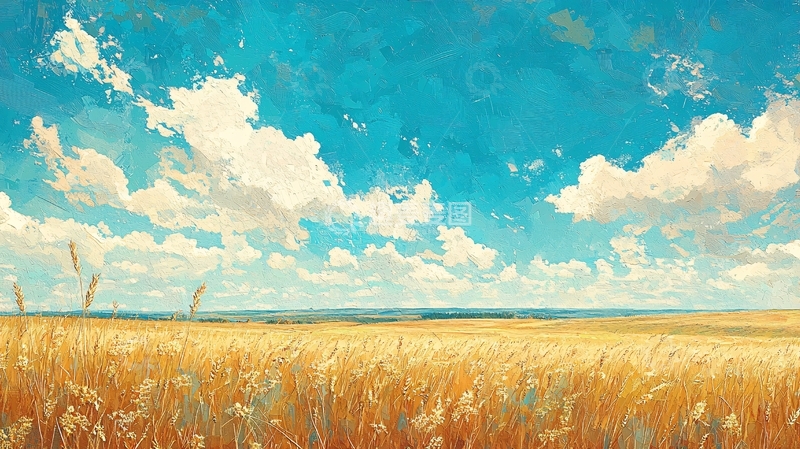 高清大图下载【趣麦麦图】蓝天白云下的金黄麦田