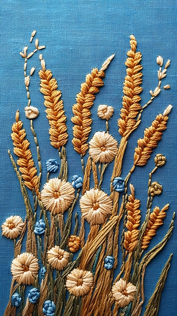 蓝色背景丝线绣花作品