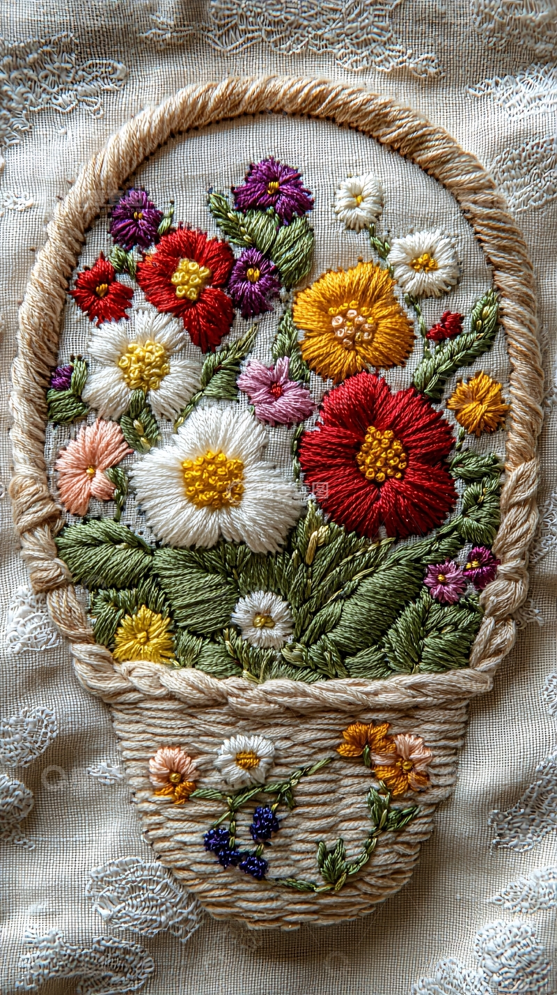 高清大图下载【趣麦麦图】手工刺绣花篮