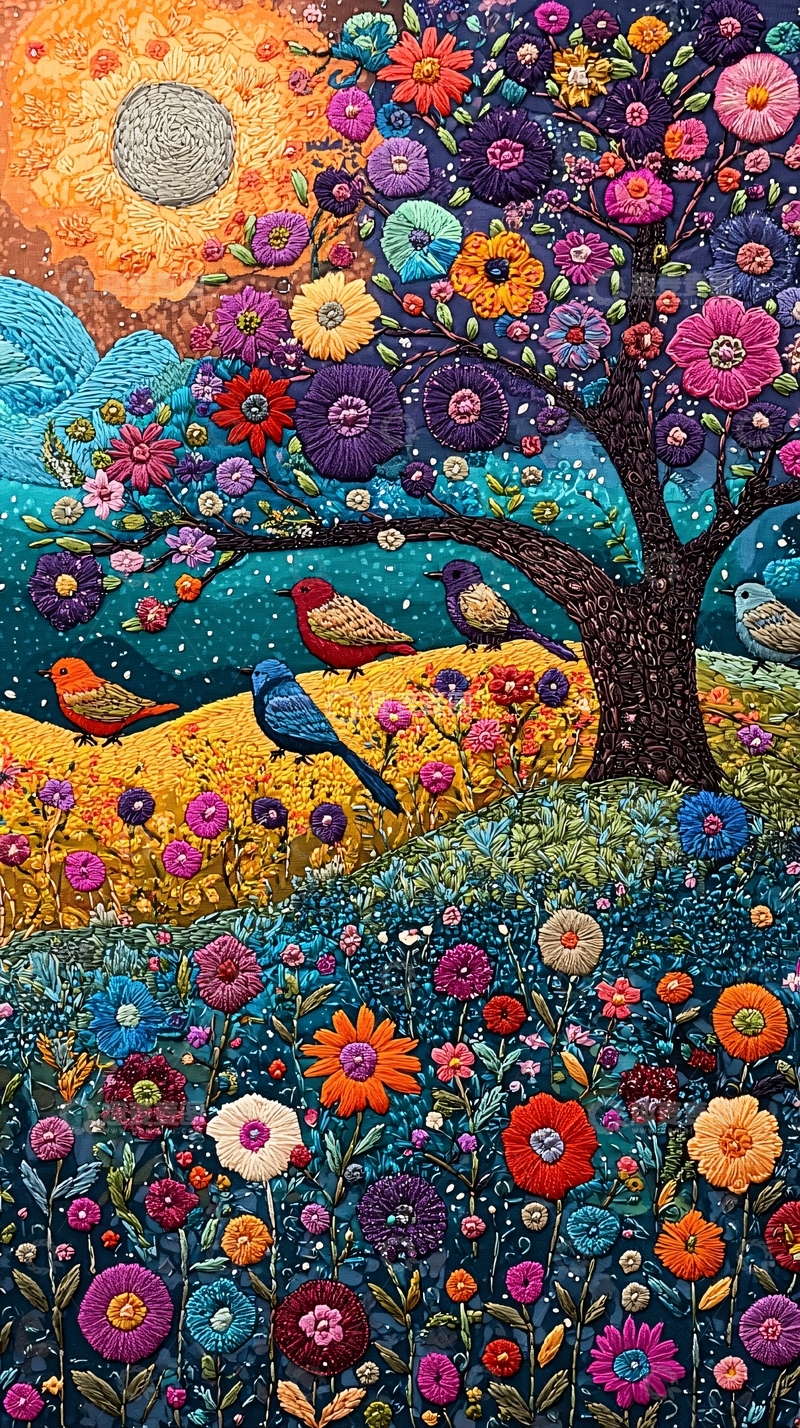 高清大图下载【趣麦麦图】色彩斑斓的花鸟树