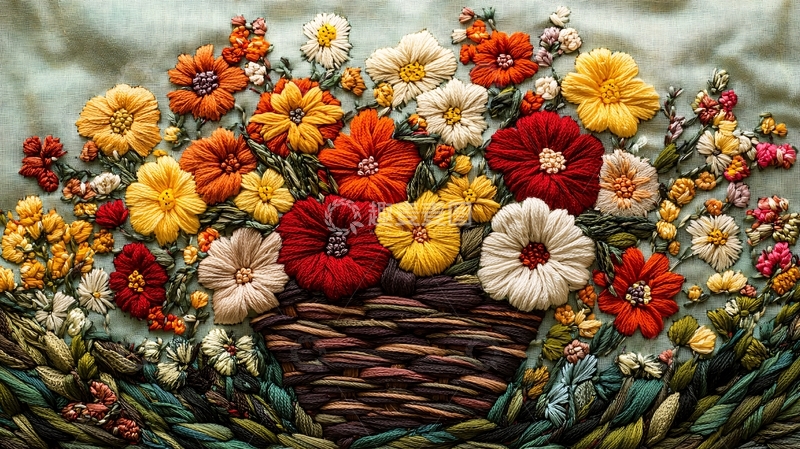 高清大图下载【趣麦麦图】丝线绣花花篮