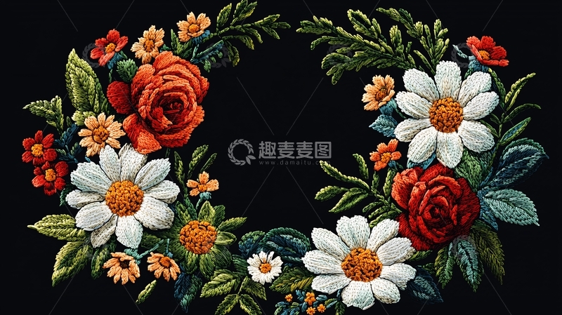 高清大图下载【趣麦麦图】暗黑背景花环刺绣