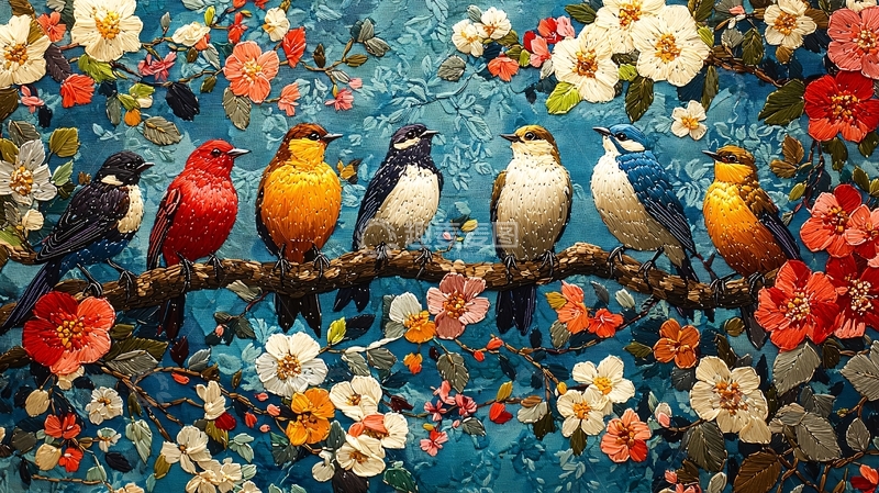 高清大图下载【趣麦麦图】七彩小鸟枝头花丛