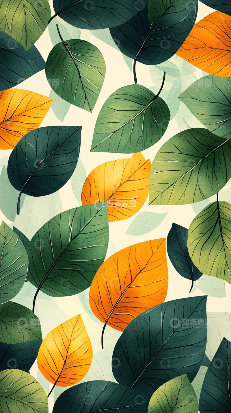 高清大图下载【趣麦麦图】绿叶黄叶飘落背景图