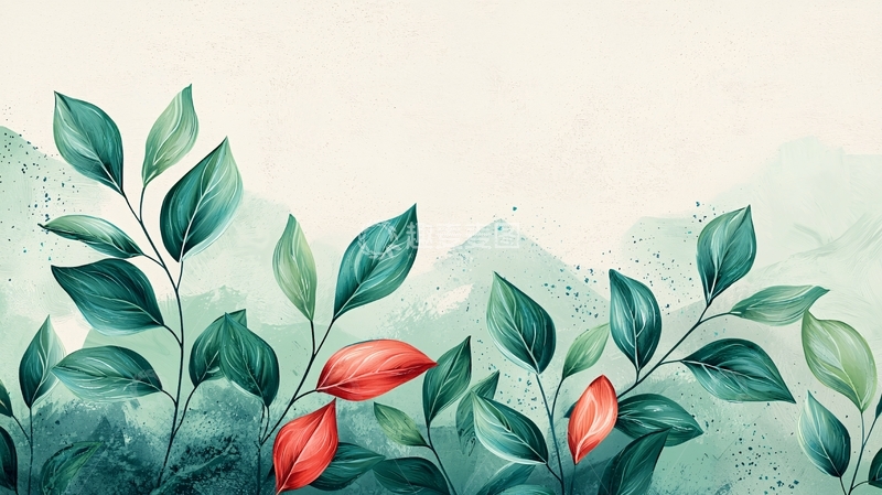 高清大图下载【趣麦麦图】水彩绿叶红花背景