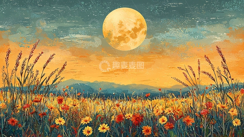 高清大图下载【趣麦麦图】黄昏麦田圆月风景