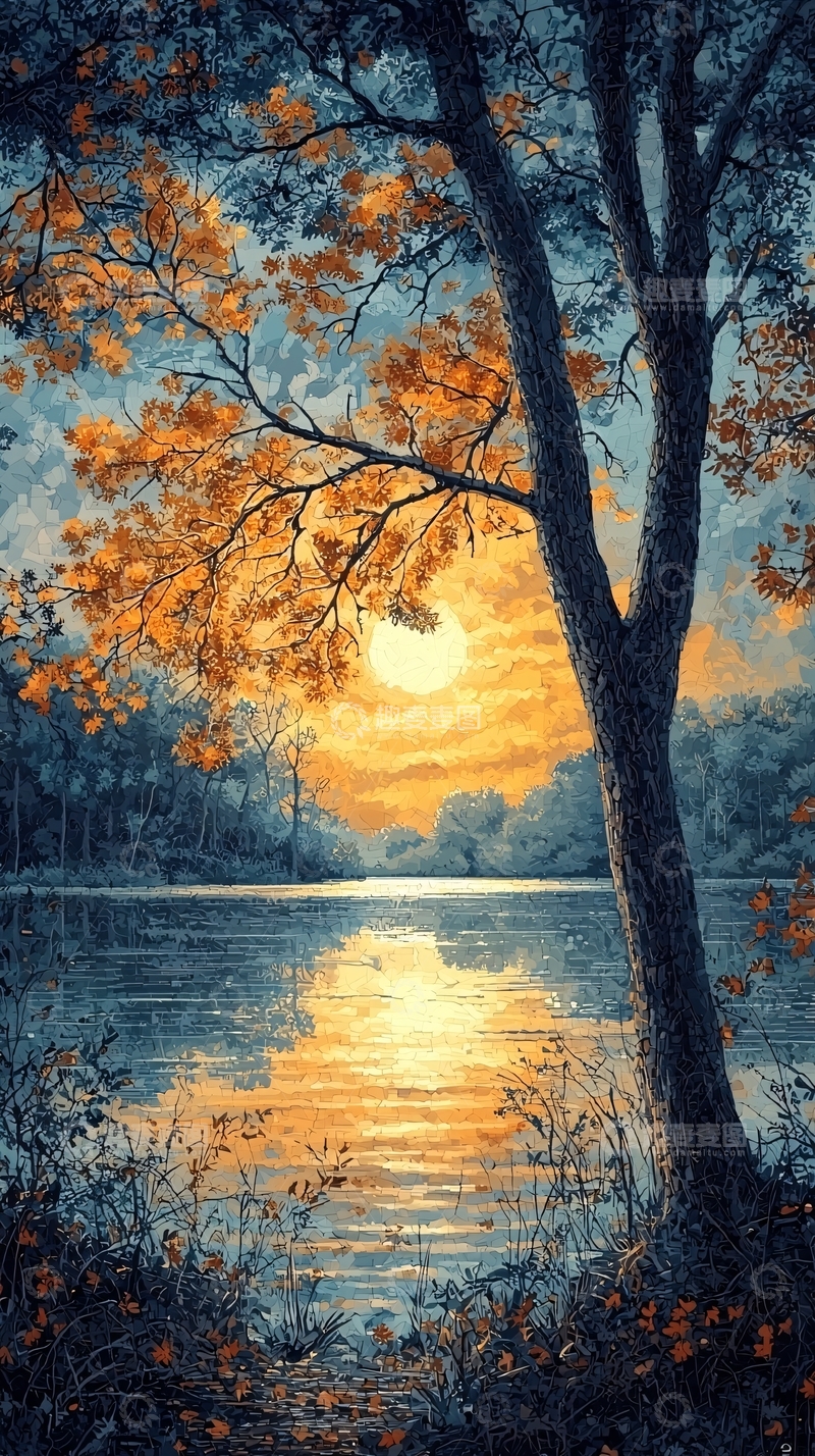 高清大图下载【趣麦麦图】秋日落日湖边树