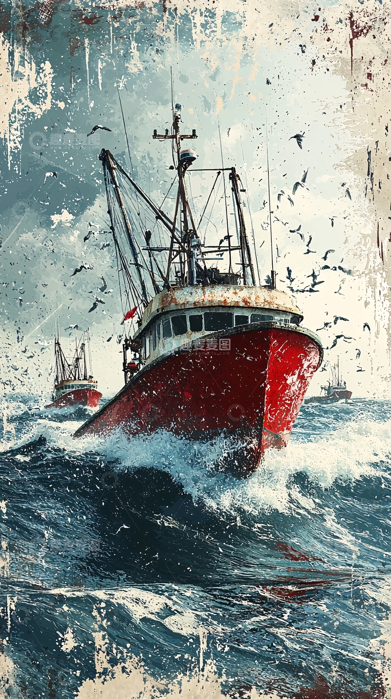 高清大图下载【趣麦麦图】暴风雨中红色渔船