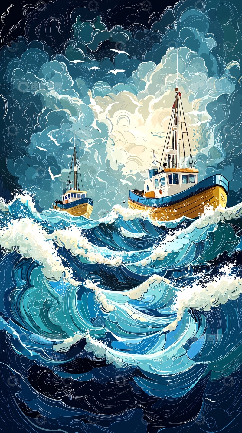 高清大图下载【趣麦麦图】暴风雨中航行的渔船