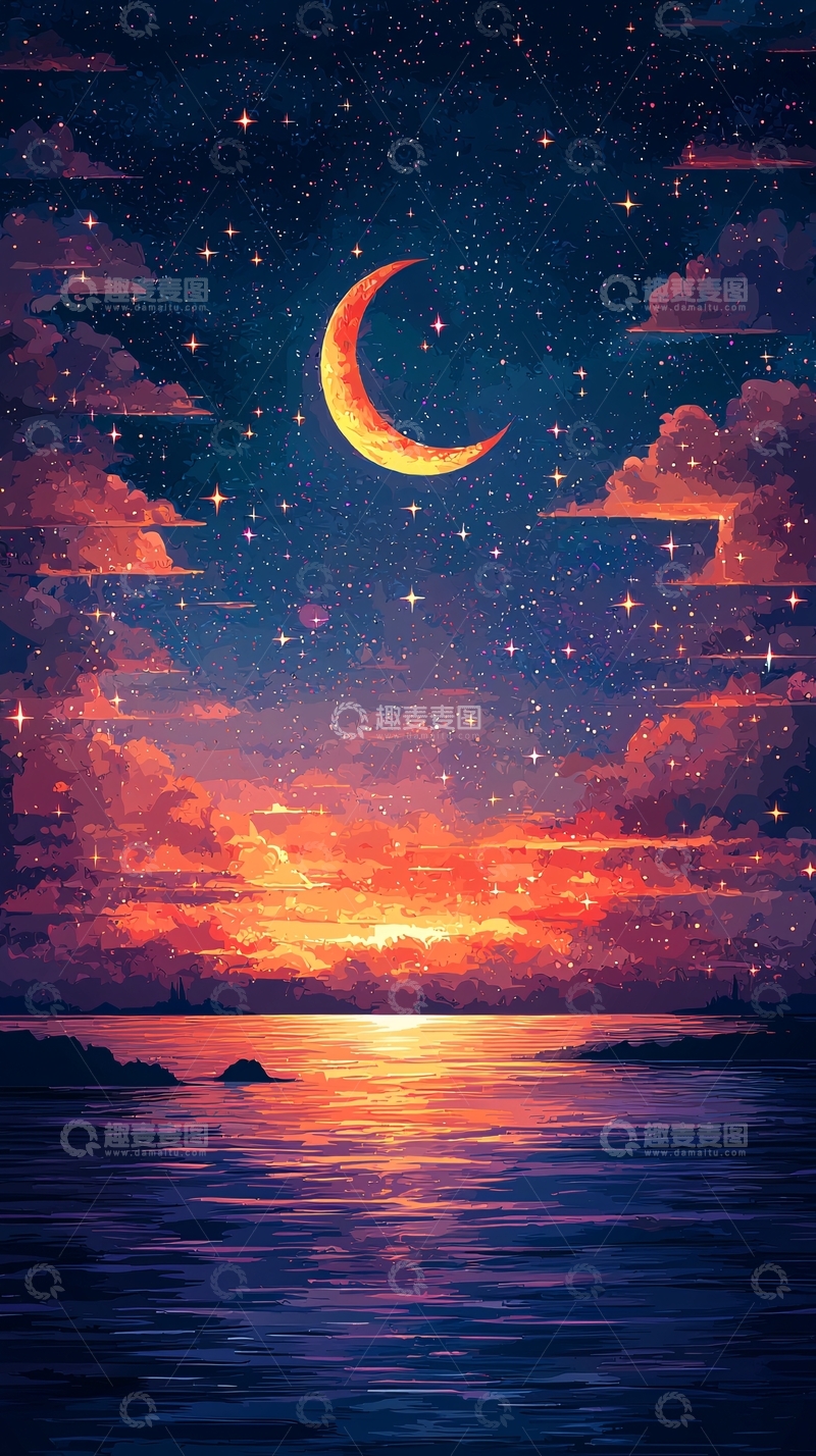高清大图下载【趣麦麦图】星空大海落日弯月